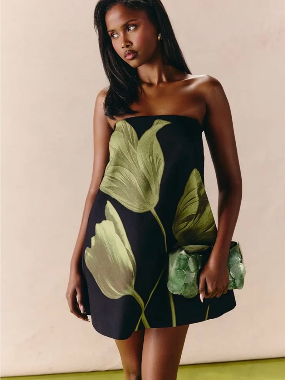 PrettyLittleThing Black Strapless Mini Dress with Olive Green Botanical Print